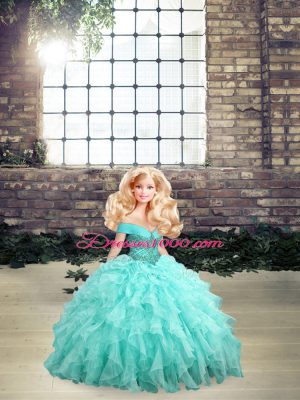 Shining Aqua Blue Ball Gowns Organza Off The Shoulder Sleeveless Beading and Ruffles Lace Up Quinceanera Gown Brush Train