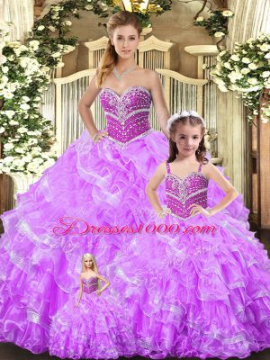 Lilac Organza Lace Up Sweetheart Sleeveless Floor Length Ball Gown Prom Dress Beading and Ruffles