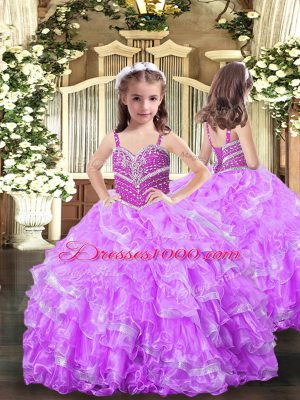 Lilac Organza Lace Up Sweetheart Sleeveless Floor Length Ball Gown Prom Dress Beading and Ruffles