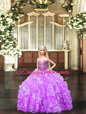 Lilac Organza Lace Up Sweetheart Sleeveless Floor Length Ball Gown Prom Dress Beading and Ruffles