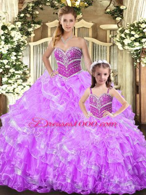 Lilac Organza Lace Up Sweetheart Sleeveless Floor Length Ball Gown Prom Dress Beading and Ruffles