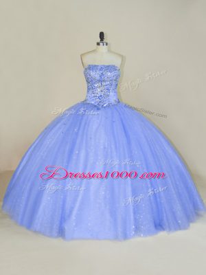 Lavender Tulle Lace Up Strapless Sleeveless Floor Length Sweet 16 Dress Beading and Sequins
