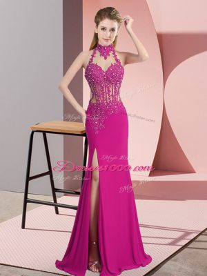 Superior Sleeveless Chiffon Floor Length Backless Dress for Prom in Fuchsia with Lace and Appliques