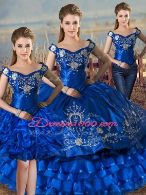 Fitting Royal Blue 15th Birthday Dress Sweet 16 and Quinceanera with Embroidery and Ruffled Layers Off The Shoulder Sleeveless Lace Up