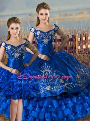Fitting Royal Blue 15th Birthday Dress Sweet 16 and Quinceanera with Embroidery and Ruffled Layers Off The Shoulder Sleeveless Lace Up