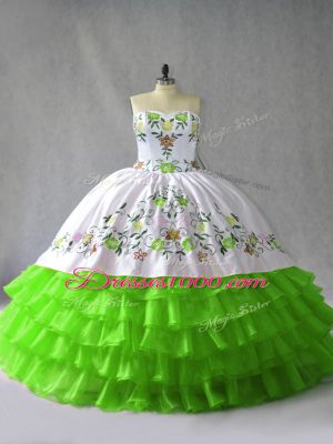 High End Ball Gowns Satin and Organza Sweetheart Sleeveless Embroidery and Ruffled Layers Floor Length Lace Up Ball Gown Prom Dress