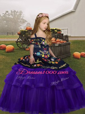 Inexpensive Purple Ball Gowns Straps Sleeveless Organza and Tulle Floor Length Lace Up Embroidery and Ruffles Little Girls Pageant Dress