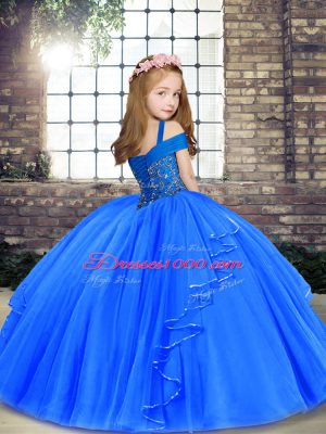 Modern Straps Sleeveless Tulle Little Girls Pageant Gowns Beading Lace Up