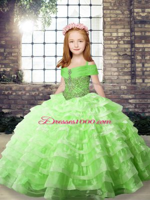 Straps Sleeveless Organza Little Girls Pageant Dress Wholesale Beading and Ruffled Layers Lace Up