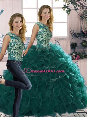 Peacock Green Organza Lace Up Quinceanera Gowns Sleeveless Floor Length Beading and Ruffles