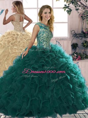 Peacock Green Organza Lace Up Quinceanera Gowns Sleeveless Floor Length Beading and Ruffles