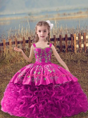 Nice Straps Sleeveless Winning Pageant Gowns Sweep Train Embroidery Fuchsia Fabric With Rolling Flowers