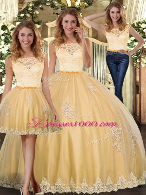 Fancy Floor Length Gold Quince Ball Gowns Scoop Sleeveless Clasp Handle