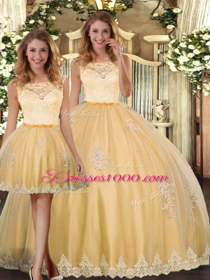 Fancy Floor Length Gold Quince Ball Gowns Scoop Sleeveless Clasp Handle