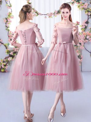Fitting Tea Length Empire Half Sleeves Pink Wedding Party Dress Lace Up