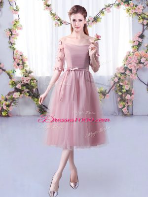 Fitting Tea Length Empire Half Sleeves Pink Wedding Party Dress Lace Up