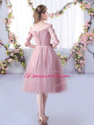 Fitting Tea Length Empire Half Sleeves Pink Wedding Party Dress Lace Up