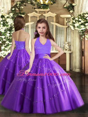 Simple Halter Top Sleeveless Teens Party Dress Floor Length Beading Purple Tulle