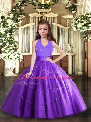 Simple Halter Top Sleeveless Teens Party Dress Floor Length Beading Purple Tulle