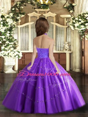 Simple Halter Top Sleeveless Teens Party Dress Floor Length Beading Purple Tulle