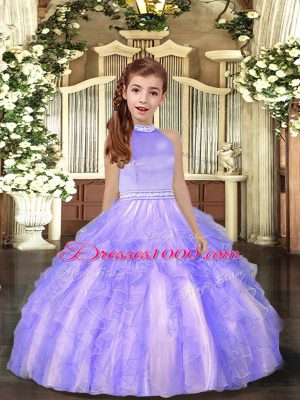 High Quality Lavender High-neck Neckline Beading and Ruffles Pageant Dress for Girls Sleeveless Backless