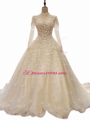 Appliques Wedding Dress White Lace Up Long Sleeves Court Train