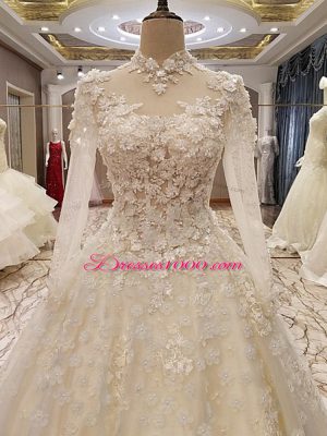 Appliques Wedding Dress White Lace Up Long Sleeves Court Train