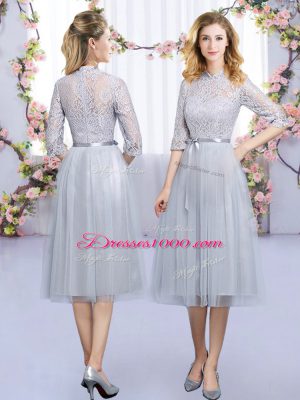 Glamorous High-neck Half Sleeves Quinceanera Court Dresses Tea Length Lace and Belt Grey Tulle