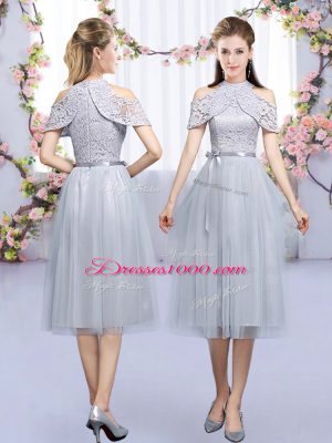 Glamorous High-neck Half Sleeves Quinceanera Court Dresses Tea Length Lace and Belt Grey Tulle