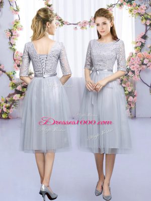 Glamorous High-neck Half Sleeves Quinceanera Court Dresses Tea Length Lace and Belt Grey Tulle