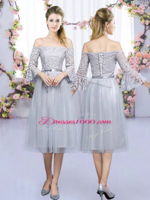 Glamorous High-neck Half Sleeves Quinceanera Court Dresses Tea Length Lace and Belt Grey Tulle