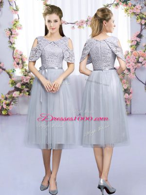 Glamorous High-neck Half Sleeves Quinceanera Court Dresses Tea Length Lace and Belt Grey Tulle