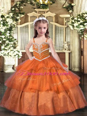 Hot Sale Orange Pageant Dress for Girls Party and Wedding Party with Ruffled Layers Straps Sleeveless Lace Up