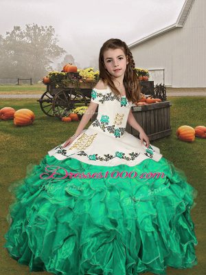 Turquoise Organza Lace Up Little Girls Pageant Dress Sleeveless Floor Length Embroidery and Ruffles