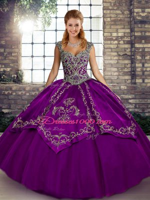 Vintage Purple Ball Gowns Beading and Embroidery Ball Gown Prom Dress Lace Up Tulle Sleeveless Floor Length