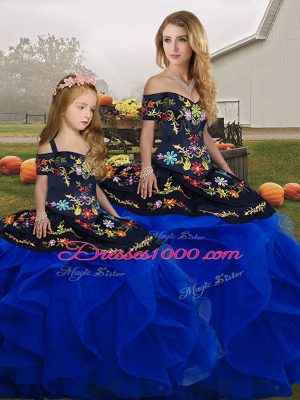 Royal Blue Lace Up Quinceanera Dresses Embroidery and Ruffles Sleeveless Floor Length