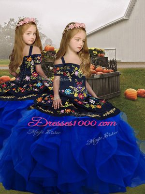 Royal Blue Lace Up Quinceanera Dresses Embroidery and Ruffles Sleeveless Floor Length
