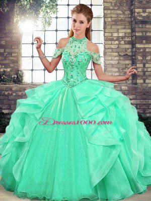Wonderful Floor Length Lace Up Quinceanera Gown Apple Green for Military Ball and Sweet 16 and Quinceanera with Beading and Ruffles