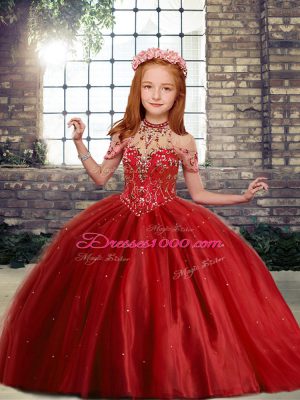 Excellent Floor Length Lace Up Little Girls Pageant Dress Red for Party and Wedding Party with Beading