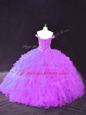 Best Purple Ball Gowns Tulle Off The Shoulder Sleeveless Beading and Ruffles Floor Length Lace Up Sweet 16 Dresses