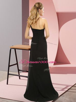 Glittering Burgundy Sleeveless Elastic Woven Satin Sweep Train Lace Up Evening Dress for Prom and Party