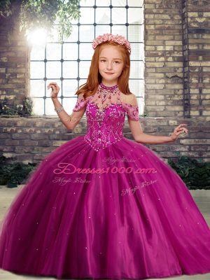 Custom Design Fuchsia High-neck Lace Up Beading Little Girls Pageant Dress Wholesale Sleeveless