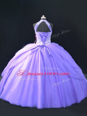 Amazing Ball Gowns Quince Ball Gowns Lavender Halter Top Tulle Sleeveless Floor Length Lace Up