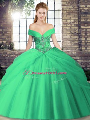 Stunning Turquoise Sleeveless Beading and Pick Ups Lace Up Quinceanera Dresses