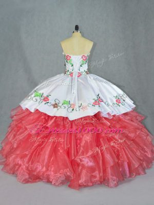 Custom Design Sweetheart Sleeveless Lace Up Quinceanera Dresses Watermelon Red Satin and Organza