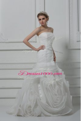 Strapless Sleeveless Wedding Dresses Brush Train Ruching White Fabric With Rolling Flowers