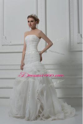 Strapless Sleeveless Wedding Dresses Brush Train Ruching White Fabric With Rolling Flowers