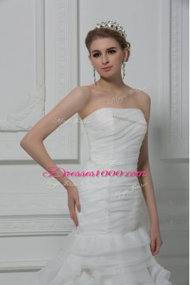 Strapless Sleeveless Wedding Dresses Brush Train Ruching White Fabric With Rolling Flowers