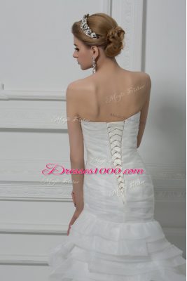 Strapless Sleeveless Wedding Dresses Brush Train Ruching White Fabric With Rolling Flowers