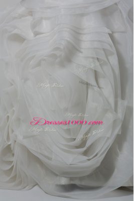 Strapless Sleeveless Wedding Dresses Brush Train Ruching White Fabric With Rolling Flowers